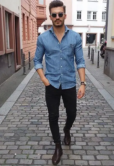 camisa jeans com calça preta masculina